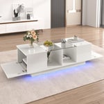 Table basse avec lumineux led multicolores brillante - 2 portes et étagère en verre - Blanc