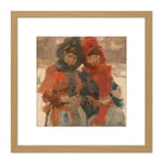 Isaac Israels Two Young Women In The Snow 8X8 Inch Square Wooden Framed Wall Art Print Picture with Mount