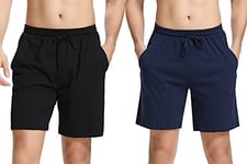 Irdcomps Bas de Pyjama Homme Coton Pantalon Shorts Bermuda Court Doux Short Jogging Sport Décontracté Vêtements de Nuit Élastique Ajustable et Poches Short de Pyjama d'été 2PCS Bleu+Noir XL