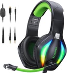 PG1 Casque Gaming pour PS4/PS5/PC/Xbox/Nintendo Switch, Casque Gamer avec Son Microphone Stéréo AI, Casque PS5 avec Prise Jack 3,5 mm et lumière RVB, Noir/Vert