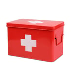 Flexzion First Aid Medicine Box Supplies Kit Organizer - 13" Red Metal Tin Medic Storage Bin Hard Case with Removable Tray White Cross, Vintage Antique Empty Boxes for Home Family Emergency Tool Set