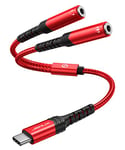 JSAUX Adaptateur USB C vers Prise Casque 3,5 mm, Splitter USB C vers Double Jack Aux Écouteur Câble Audio Splitter Jack Compatible avec iPhone 16/15 Pro Max, Huawei P40, Galaxy S24/S23, Pixel-Rouge