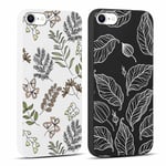 Coalbooliy [2 Pièces Coque pour iPhone 8/7/iPhone SE 2022/2020 4,7", Souple Silicone Étui Noir Blanc avec Aesthetic Motif Feuille Dessin Téléphone Housse Case Filles Cover pour iPhone 7, 03