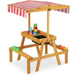 Ensemble table chaise, banc avec espace de jeux, protection solaire, extérieur, boue, en bois HlP 110x65x83cm - Relaxdays