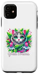 Coque pour iPhone 11 Green Dreams : chat avec feuilles et cascades amoureux des chats