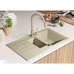 Primagran - Evier Cuisine 90 x 50 cm, Evier en Granit 1,5 bac + Kit de Vidage, Evier a Encastrer de Beige - beige