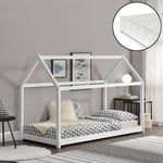 Lit Cabane Forme Maison Netstal avec Matelas Mousse à Froid 200 x 90 cm Blanc [en.casa]