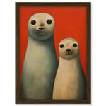 Seal Pups Portrait White Cream On Red Crimson Coral Detailed Oil Painting Artwork Framed Wall Art Print A4