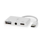 Nedis USB N Moniporttisovitin | USB 2.0 | USB-C™ Uros | USB-A Naaras / USB-C™ Naaras / 3.5 mm naaras | 480 Mbps | 0.10 m | Pyöreä | Niklattu | PVC | Valkoinen | Laatikko