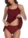 FLYILY Femme Tankini Maillot de Bain Bikini Set 2 Pièces Shorty avec Gilet Gaze sans Manches Beachwear Taille Grande(Red,L)