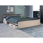 Vente-unique Lit avec rangements 140 x 190 cm - 2 tiroirs et 1 niche - Coloris : Naturel + Sommier + Matelas - PABLO