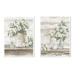 DRW Lot de 2 tableaux sur toile avec cadre en bois avec fleurs avec une partie à la main en blanc et vert 60 x 3 x 40 cm