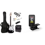 RockJam Full Size Electric Guitar Kit with 10-Watt Guitar Amp, Lessons, Strap, Gig Bag, Picks, Whammy, Lead and Spare Strings - Black & D'Addario Guitar Tuner - Eclipse Headstock Tuner - Black