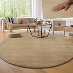 Paco Home Tapis de Salon Unicolore Lavable Pile Courte et Douce, Dimension:160 cm Rond, Couleur:Beige 2