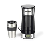 Salter Digital Coffee Maker – One Cup Filter Coffee Machine, Washable & Reusable Filter, Includes 420ml Stainless Steel Travel Mug, 3-4 Minutes Brewing, Suitable For Ground Coffee / Pads, Timer, 750W