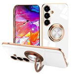 EYZUTAK Electroplated Magnetic Ring Holder Case for Samsung Galaxy A14 5G, 360 Degree with Rotation Metal Anti-Drop Finger Ring Holder Magnet Car Holder Soft Slim Silicone Shockproof Cover - White