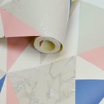 Holden Decor Lytham Apex Wallpaper Geometric Marble Grey Pink Navy White Silver