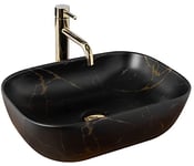 Rea Vasque À Pose Belinda Black Marble Mat, Pour Salle De Bain, En Céramique, Parfaite Comme Lavabo Lave-Main Pour Wc, 465 x 335 x 135 mm, Noire, Effet Marbre