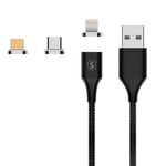 SiGN Magnetkabel USB-C/Lightning/Micro-USB till USB-A/USB-C, 2.4A, 1m - Svart
