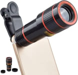 Kit de Lentilles de Caméra pour Téléphone 12X Téléobjectif, Télescope Monoculaire avec Clip Fixe, Objectif Fisheye - Objectif Kaléidoscope pour iPhone, Samsung, Huawei, Xiaomi, Smartphone