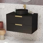 Aurlane - Meuble Salle de Bains 80 cm Laqué Noir Mat et Or Doré - 2 Tiroirs - Vasque Ronde à Poser Noire