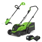 Greenworks Tondeuse à Gazon électrique 24V 33cm 30L Bac, Coupe-bordures 25cm tête d'alimentation Automatique avec 1 Batterie 4Ah et Chargeur GD24LM33LT25K4