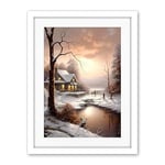 Artery8 Winter Cottage Landscape Oil Painting Snow Lake Sunset Snowy Trees Artwork Framed Wall Art Print 18X24 Inch