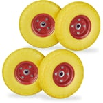 Relaxdays - Roue de diable, lot de 4, caoutchouc, 260x85 mm, increvables, 16 mm, 4.1/3.5-4 essieu, jusqu'à 150 kg, jaune-rouge