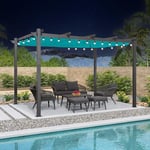 PURPLE LEAF Pergola avec Guirlande Lumineuse Exterieure Pergola Jardin Exterieur 4 x 3 m Tissu Teint en Fil, Pergola Aluminium Toit Rétractable, Bleu