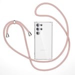 XTCASE Collier pour Samsung Galaxy S22 Ultra 5G Coque, Etui avec Cordon - Tour de Cou Lanière en Corde - Transparente Silicone Housse avec Cordage Lanyard Case, Or Rose