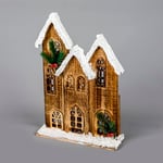 SHATCHI 35cm Battery Powered Warm White LEDs Wooden House Snow Covered Cottage Village Indoor Christmas Decorations, Wood, Brown