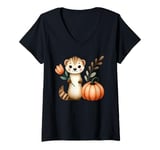 Womens Cute Forest Animal Holding Flower and Pumpkin Illustration V-Neck T-Shirt