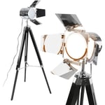 Lampadaire trépied type projecteur de cinéma hauteur réglable bois et métal classe énergétique led rétro lampe sur pied pour salon noir mat