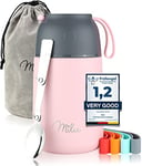 Milu Boîtes Alimentaires Isothermes 450ml I 650ml I 800ml, Boîte Isotherme Repas Chaud Porte-Aliments en Acier Inoxydable à Double Couche, Cuillère Pliante pour Ecole, Bureau (450ml/Rose)