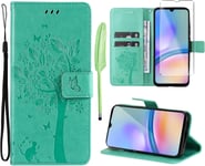 - Coque Pour Samsung Galaxy A05s [1x Verre Trempé] Étuis Rabat Folio Protection Housse Cuir Pu Portefeuille Silicone [Fermeture Magnétique][Emplacements Cartes][Stand Feature] - Vert