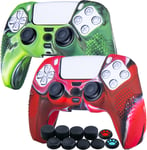 Points Housse Coques Autocollants En Silicone Skin Cover Pour Ps5 Dualsense Manette (Camouflage Rouge + Vert) X 2 Avec Prises De Pouce X 10