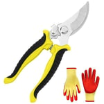 OFFCUP Garden Secateurs, Florist Scissors, Bypass Pruning Shears Professional Secateurs Pruning Scissors Snips with Gloves, Trimmer, Clippers with Locking Handle, Gardening Gifts for Men (Yellow)