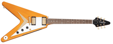 Epiphone 1958 Korina Flying V white pickguard aged natural, inkludert koffert