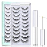 SISILILY False Eyelashes Multipack with Eyelash Glue - 10 Pairs Reusable 3D Eye Lashes Natural Handmade Black Strip False Lashes