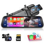 Podofo HD Rétroviseur Dashcam Caméra de Recul avec Apple CarPlay sans Fil Android Auto,9,66 Pouces 1080P IPS Écran Tactile Double Caméra de Tableau,2 Écrans D'affichage,Bluetooth+AHD Caméra de Recul