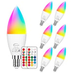 Ampoules LED E14 RGB, Ampoule LED en Forme de Bougie, 5 W (Remplace 40 W), Led Couleur Changement de Couleur Dimmable, Blanc Froid 5700 K, Avec Télécommande, Lot de 6