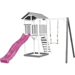 Beach Tower Aire de Jeux avec Toboggan en Violet, Balançoire & Bac à Sable Grande Maison Enfant extérieur en Gris & blanc Cabane de Jeu en Bois fsc