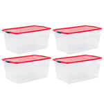 Rubbermaid Cleverstore Clear 71 Qt/18 Gal, Pack of 4 Holiday Storage Containers, Great for Holiday Decorations, Stackable, Large Capacity, Durable Latching Lids, Clear Bins, Red Lids/Green Handles