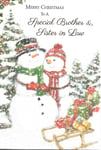 CHRISTMAS CARD TO A SPECIAL BROTHER & SISTER IN LAW - SNOWMEN, SLEDGE, PRESENTS