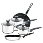 Prestige Stainless Steel Non Stick Pots and Pans Set of 5 - Suitable as Induction Hob Pan Set with Straining Lids & Pouring Lips, Dishwasher Safe, Oven Safe, Durable Cookware, Black/Silver