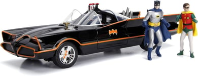 1966 Batmobile Model Car 1:18 Diecast Black with Batman & Robin Figures, Open Do