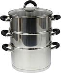 3 Tier Stainless Steel Induction Steamer Cooker Pot Set Glass Lid Saucepans 24cm