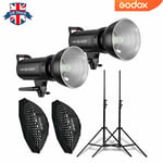 UK 2*Godox SK400II 400W 2.4G Studio Flash+95cm Grid softbox+2m light stand Kit