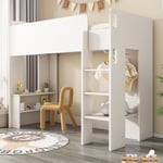 Lit mezzanine 90x200 cm pour enfant - avec armoire, étagères ouverts et escalier - Blanc