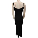 Straps Dress Slim Fitting Ribbed Knit Summer Hip Wrap Long Dress Black M